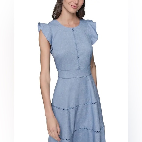 Karl Lagerfeld Light Blue Midi Dress with Ruffle Sleeves